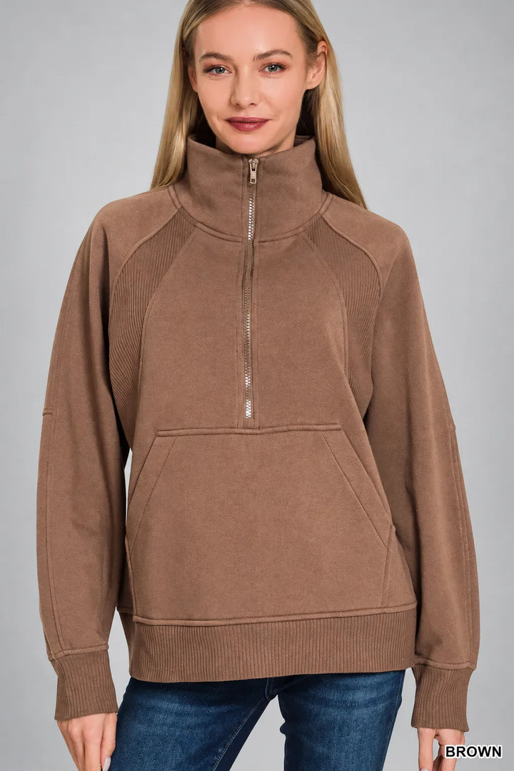 Zenana Half Zip Fleece Sweatshirt with kangaroo Pocket