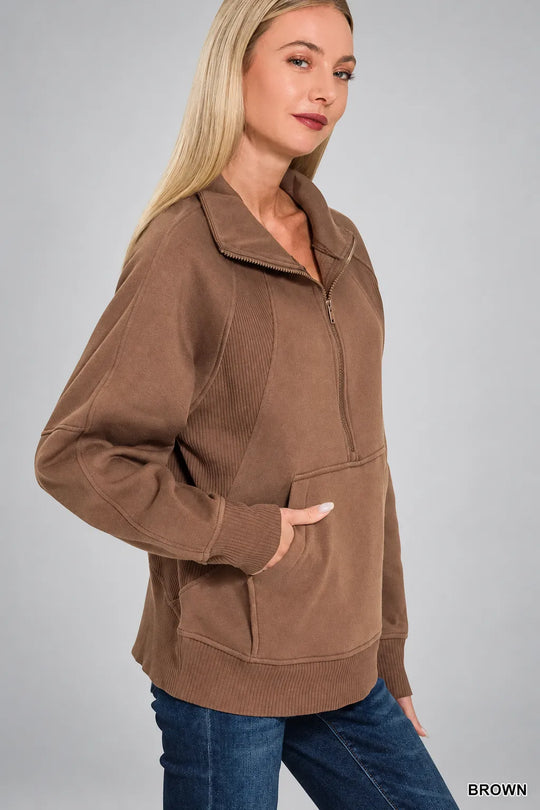 Another view: Zenana Half Zip Fleece Sweatshirt with kangaroo Pocket